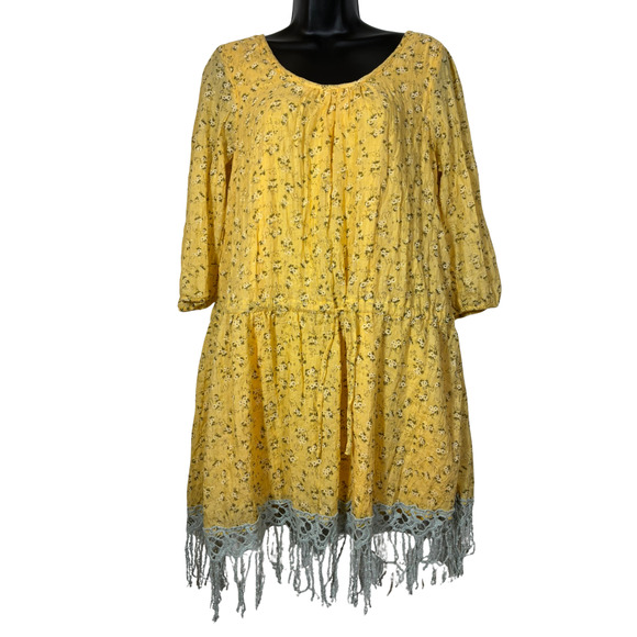 A'reve Anthropologie Yellow Floral Dress Drop Waist Lace Hem Butter Large Midi - Picture 14 of 14